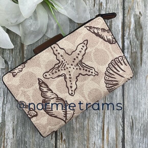 Coach Medium Corner Zip Wallet In Signature Canvas With Shell Print Bag Purse - Picture 4 of 13